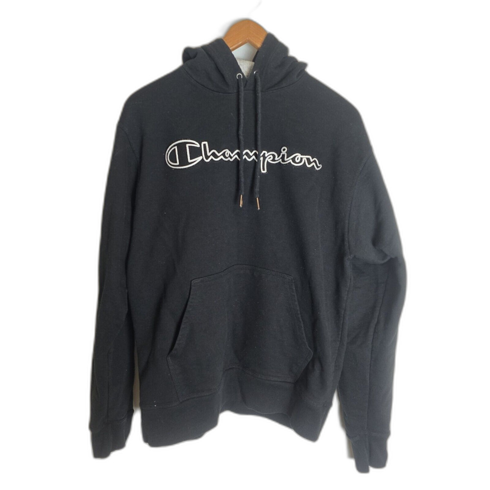 Champion Hoodie Men Medium Black Spellout Pullover Athleisure Outdoor Lounge